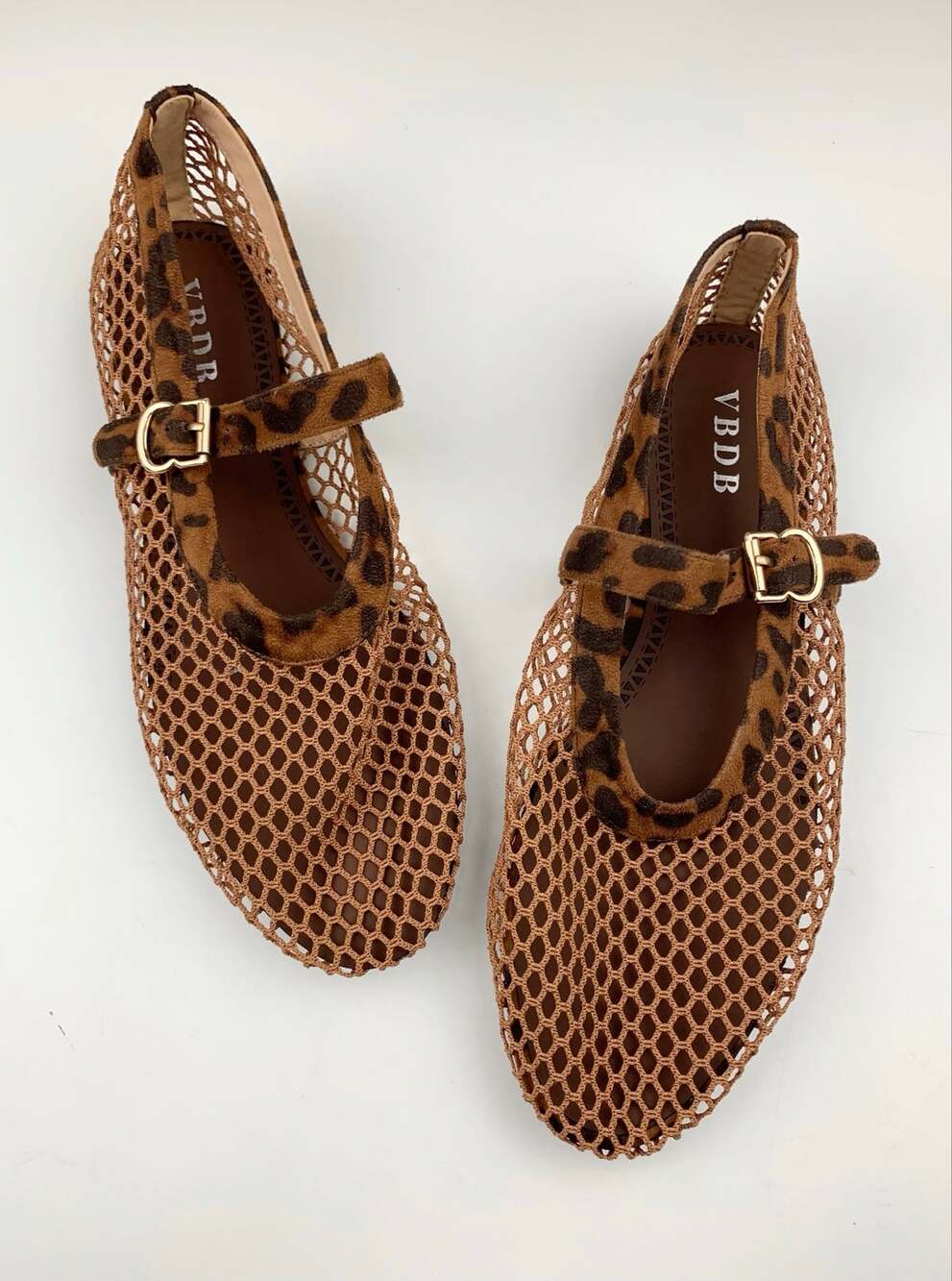 VBDB Mesh Mary Jane Ballet Flats Brown Fishnet Leopard Print Strap Women's 11
